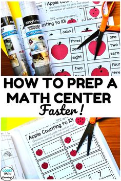 an apple themed math center with scissors and paper