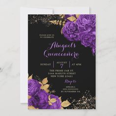 an elegant purple and gold wedding card with flowers on the front, in black background