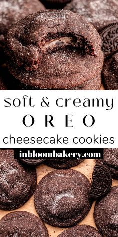 soft and creamy oreo cheesecake cookies on a cutting board with text overlay