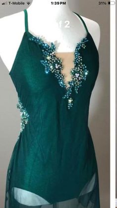 two pictures of a woman's green dress with beaded details on the back