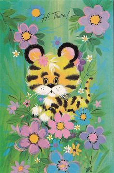 a painting of a tiger cub surrounded by flowers and daisies on a green background