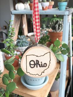 a wooden ornament with the state of ohio hanging from it's side