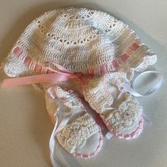 White And Pink Knit Baby Hat And Sandals With Ribbon Ties For Shoes. Received As Gift, Never Worn. Nwt. Cute White Baptism Hat, White Adjustable Hat For Baptism, Knit Baby Hat, Newborn Baby Hats, Baby Hats Knitting, Pink Knit, Baby Hat, Ribbon Tie, Baby Hats