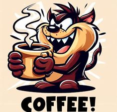 a cartoon cat holding a cup of coffee with the words coffee on it's side