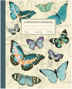 the composition notebook is filled with colorful butterflies