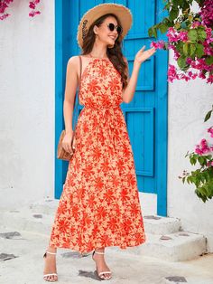 Floral Printed Boho Style Not Lined Maxi Dress Casual Halter Neck Midi Dress With Floral Print, Orange Casual Halter Neck Dress, Casual Orange Halter Neck Dress, Orange Floral Dress For Vacation, Orange Halter Neck Midi Dress For Vacation, Orange Halter Neck Vacation Dress, Orange Halter Neck Dress For Vacation, Orange Halter Neck Sundress Midi Dress, Tropical Punch