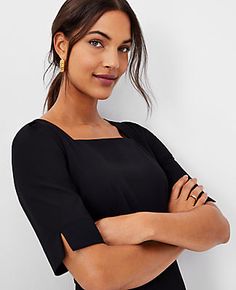 Elevate your wardrobe with the timeless elegance of Ann Taylor's Elbow Sleeve Square Neck Dress in Seasonless Stretch. This core black dress is a versatile staple, perfect for both professional settings and sophisticated social gatherings. 

- Size: Regular - 4
- Color: Core Black
- Gender: Female
- Material: Shell - 68% Polyester, 29% Viscose, 3% Spandex; Lining - 100% Polyester
- Fit: Tailored fit
- Length: Hits at knee, approximately 24" from natural waist
- Features: Square neckline, elbow s Pleat Sleeve, Chic Black Dress, Color Core, Knitted Suit, Pleated Sleeves, Square Neck Dress, Neck Stretches, Professional Attire, Black Sheath Dress