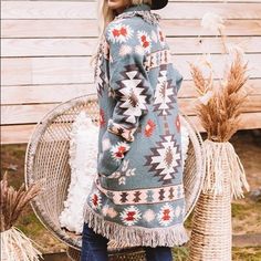 Just Restocked - 5 Star Bestseller! New Women's Aztec Cowichan Print Blanket Western Fringe Cardigan Sweater Coat. Open Front. Measurements In Comments. Very Very Well Made! Acrylic Blend Color: Sage Brand New With Tags! If You Love Free People, Johnny Was, Spell & The Gypsy Collective Or Anthroplogie - Check Out Our Closet! Fall Winter Native Cardigan Sweater Pendleton Westerley Cowichan Native American Aztec Print Ralph Lauren Style Cozy Sweaters Country Western Clothing Jacket Coat Christmas Bohemian Blue Sweater Coat For Winter, Bohemian Blue Winter Sweater Coat, Bohemian Long Sleeve Sweater Coat In Blue, Bohemian Long Sleeve Blue Sweater Coat, Bohemian Blue Long Sleeve Sweater Coat, Western Cardigan Sweater, Native American Inspired Fashion, Western Cardigan, Blanket Western