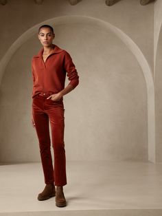 An inspired silhouette that never goes out of style, this slim velvet jean is made from a plush cotton blend to conjure the cozy, holiday spirit all season and beyond.  SLIM FIT: Our version of the cigarette jean.  Fitted from hip to knee, with a sli Red Velvet Pants, Side Zip Pants, Black Capri Pants, Velvet Jeans, Polka Dot Pants, Cozy Holiday, Slim Leg Pants, Navy Lace, Velvet Pants