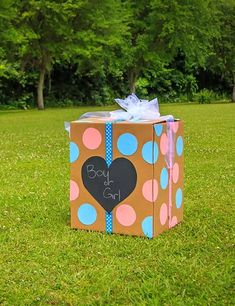 a brown box with blue and pink polka dots on it that says boy or girl