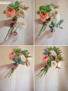 four different pictures of flowers being held by someone's hand, including roses and greenery