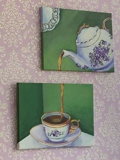 two paintings of teapots with coffee being poured into them on a pink wall