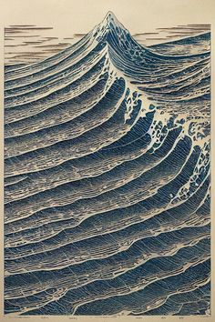 an image of a large wave in the ocean with blue and white ink on paper