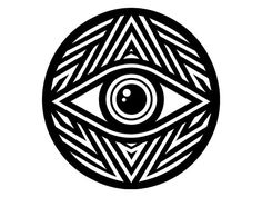 an all seeing eye in a black and white circle with geometric patterns on it's side