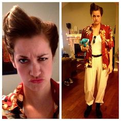 a woman with her hair pulled back in a bun and an image of a man wearing a costume