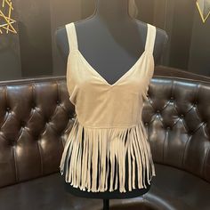 Suede Style Soft Touch Material. Great Condition. Never Worn. Casual Fringe Tops For Night Out, Chic Beige Fringe Tops, Casual Beige Tassel Tops, Beige Fringe Summer Tops, Beige Fringed Tops For Festival, Beige Fringe Tops For Festival, Beige Fringe Tops For Summer, Beige Sleeveless Fringe Top, Chic Tassel Top For Night Out