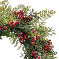 an evergreen branch with berries and pine cones