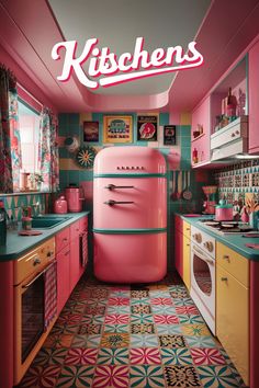 a pink refrigerator sitting inside of a kitchen next to a stove top oven and sink