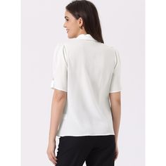 Designed with a unique double-breasted detail and a camp neck, this top combines style and comfort effortlessly. Made with smooth chiffon fabric, this top ensures all-day comfort without compromising on style. It can be simply paired with work pants or pencil skirt for a casual look. Whether you're going for a relaxed brunch or a night out, this top ensures a fashionable and comfortable look. Solid Tops With Button Closure For Work, Solid Button-up Tops For Workwear, Office V-neck Padded Blouse, Versatile Formal Tops With Buttons, Versatile V-neck Blouse With Button Closure, Solid Collared Tops For Office, Office Wear Solid Padded Blouse, Elegant V-neck Top With Back Button Closure, Versatile Collared Formal Tops