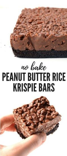 no bake peanut butter rice krispie bars on a white background with text overlay