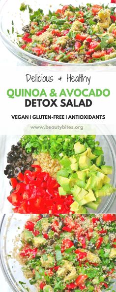 Detox Vegan Quinoa Salad Recipe With Avocado & Herbs Vegan Quinoa Salad Recipes, Salad Macaroni, Vegetable Side Dishes Healthy, Vegan Quinoa Salad, Salad Kale, Easy Vegan Lunch, Clean Eating Salads, Recipes Quinoa, Salad Salad