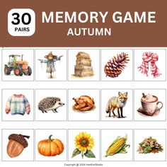 an autumn memory game with pictures of animals, plants and other things on it's side