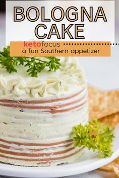 A small cake made out of sliced bologna and cream cheese frosting topped with parsley. Bologna Cake Recipe, Bologna Cake, Keto Focus, Savory Cake, Savoury Slice