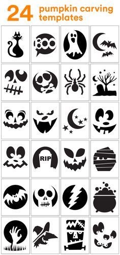 halloween pumpkin carving stencils are shown in black and white with the words, 24 pumpkin carving templates