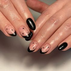 Black French Tips Oval Nails, Black With Leopard Nails, Happy Halloween Nails, Almond Nails Alternative, Short Acrylic Nails Almond Edgy, Alternative Almond Nails, Spooky Witch Nails, Simple Nail Ideas Black, Black Concert Nails