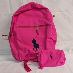 Pink With Navy Blue Polo Logo On Both Backpack And Pencil Bag Polo Backpack, School Polo, Pink Polo, Polo Logo, Apartment Life, Pencil Bag, Blue Polo, Pencil Bags, Kids Accessories