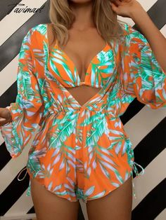 Tavimart New Women Swimsuit Sexy Bikinis With Mesh Long Sleeve Beach Playsuit Cover Up 3 Piece Bikini Set Printed Swimwear Beachwear Beach Playsuit, Beachwear Brands, Womens Pleated Skirt, Womens Prom Dresses, Print Swimwear, Womens Bathing Suits, Woman Suit Fashion, Mesh Long Sleeve, Beachwear For Women