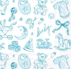 a blue drawing of baby items on a white background