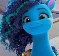 a blue cartoon character with purple hair