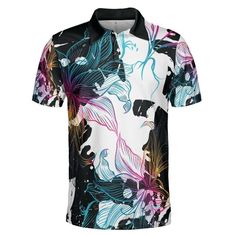 Abstract Gradient Flowers Polo Shirt. If you love abstract designs and gradient colors then this Abstract Gradient Flowers Polo Shirt design is perfect for you! Features a design consisting of an abstract black and white background with rainbow gradient flowers on top. If you love unique creations then this is the perfect polo shirt for you. Classy yet very comfortable to wear; this polo shirt is perfect to keep you cool and dry all day. Product Details Step out with an instant classic! This pol Casual Tie Dye Tops With Floral Print, Artistic Multicolor Floral Print Tops, Multicolor Abstract Print T-shirt For Spring, Casual Multicolor Shirt With Digital Print, Casual Multicolor Tops With Abstract Pattern, Casual Multicolor Digital Print Shirt, Black Casual T-shirt With Abstract Print, Artistic Black Tops For Spring, White Digital Print Top For Summer