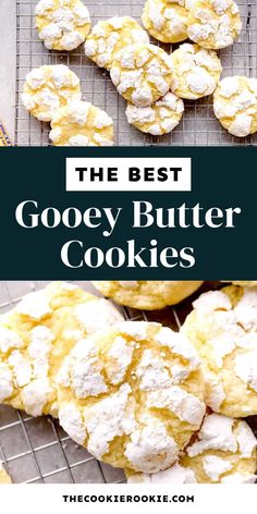 the best gooey butter cookies on a cooling rack with powdered sugar in them