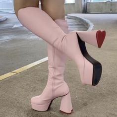 Cute Pink Boots, Sabrina Carpenter Heels, Sabrina Carpenter Shoes, Pink Leather Outfit, Popstar Outfits Ideas, Pretty Heels, Dr Shoes, Cute Shoes Heels, Pink Boots