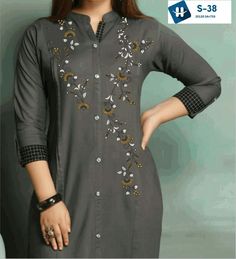 Embroidery Khaka, Ikkat Kurtis, Embroidered Kurtis, Silk Kurti Designs, Easy Dress Sewing Patterns, Lehnga Dress