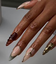 Nail Designs Every Nail Different, Cute Nails Oval, Fall Nails Stilleto Shape, Moody Nails, Black Gel Polish, French Manicures, Nail Trend, Nails Aesthetic, Stiletto Nails Designs