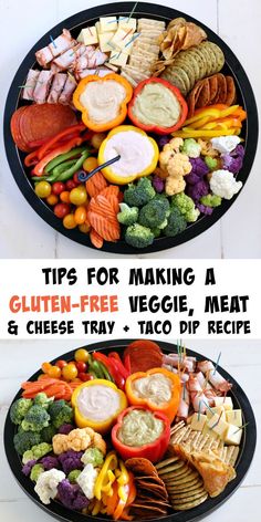 two plates filled with different types of food and the words tips for making a gluten - free veggie, meat and cheese tray