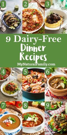 a collage of 9 dairy - free dinner recipes