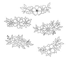 four different flowers and leaves on a white background, one is drawn in black ink