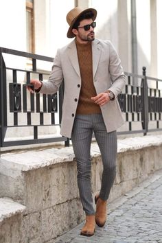 Slim-Fit Wool Coat Stone-baagr.myshopify.com-Jacket-BOJONI Men Earth Tone Outfit, Long Trench Coat Outfit, Mantel Outfit, Casual Chic Outfits, Big Men Fashion, Wool Coats, Dapper Gentleman, Fall Outfits Men, Causal Outfits