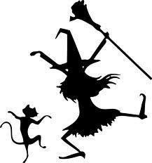 a black and white silhouette of a witch holding a broom with a cat on her back