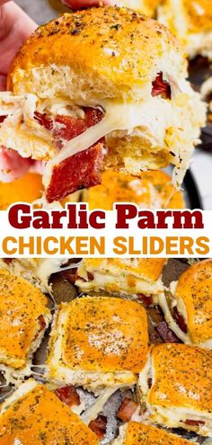 this garlic parm chicken sliders is loaded with cheese, bacon and melted cheese