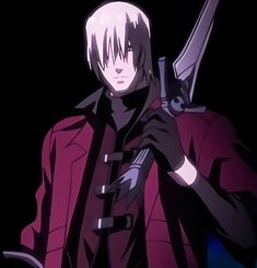 an anime character holding a knife in his hand and looking at the camera while standing against a black background