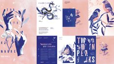 an assortment of brochures with blue and pink designs on them, including birds