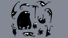 some black and white silhouettes of cats, mice, and other things on a gray background