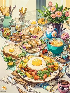 a painting of a table full of food and drinks, with an egg on the plate