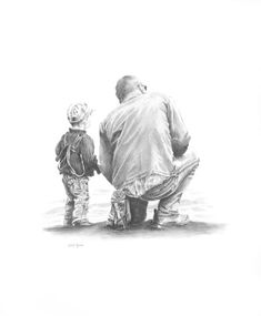 a pencil drawing of a father and son looking out at the ocean