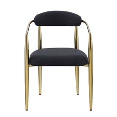 a black chair with gold legs and a blue upholstered seat, against a white background